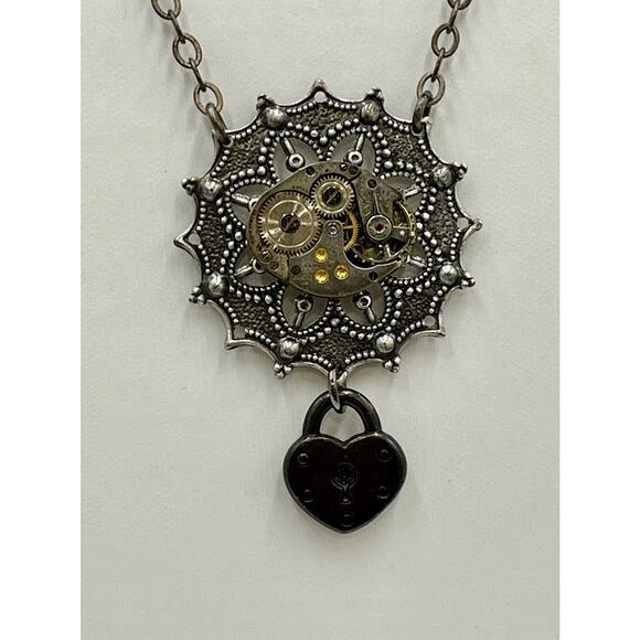 Gunmetal Steampunk Watch Movement Gears Wheels Heart  Pendant Necklace - Picture 2 of 7